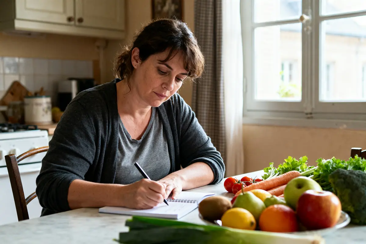 Femme réfléchissant à Abufène et prise de poids près de fruits et légumes