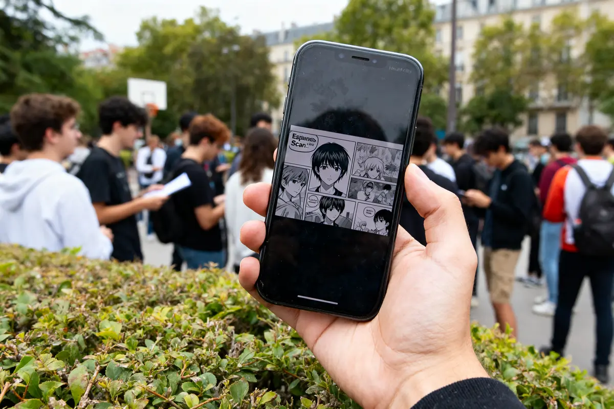 Smartphone montrant un manga Epsilon Scan, jeunes en arrière-plan dans un parc urbain.
