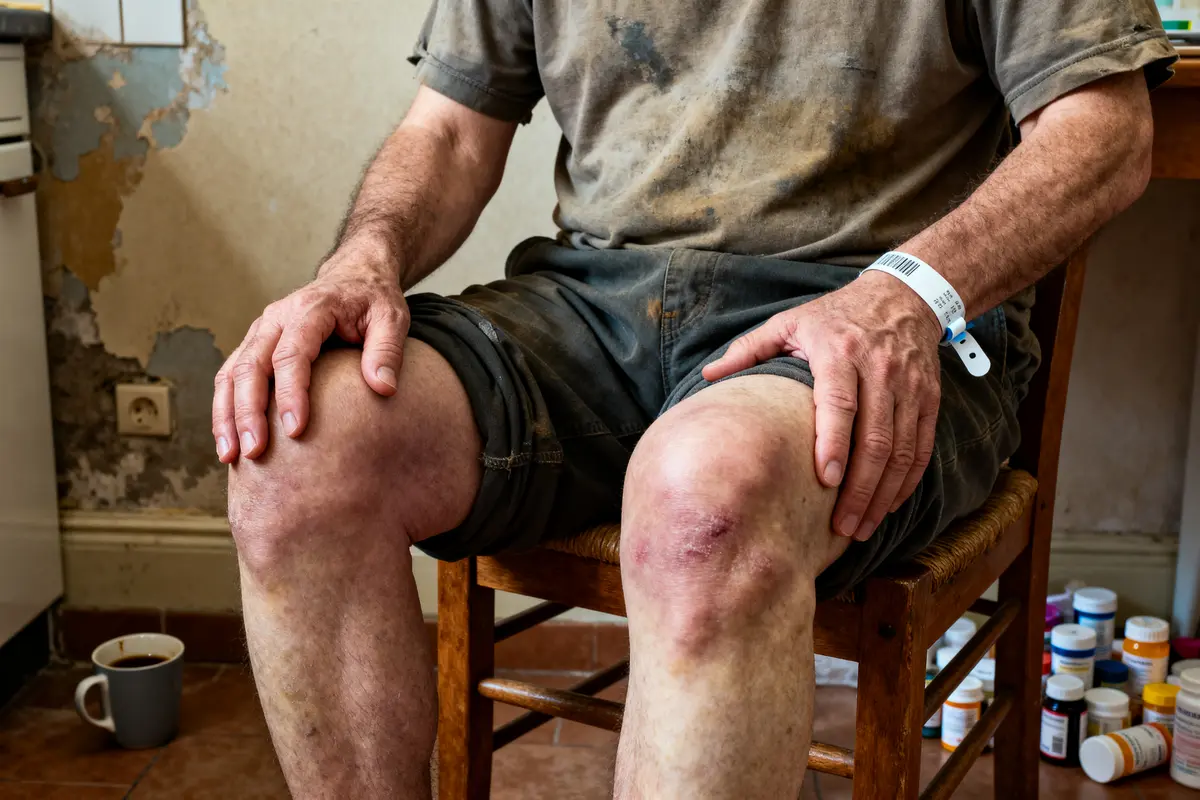Homme assis sur chaise avec médicaments, réfléchissant à son espérance de vie avec un cancer des os