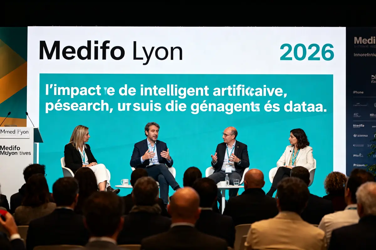 Quatre experts discutent lors d'une conférence sur medinfo Lyon concernant l'intelligence artificielle