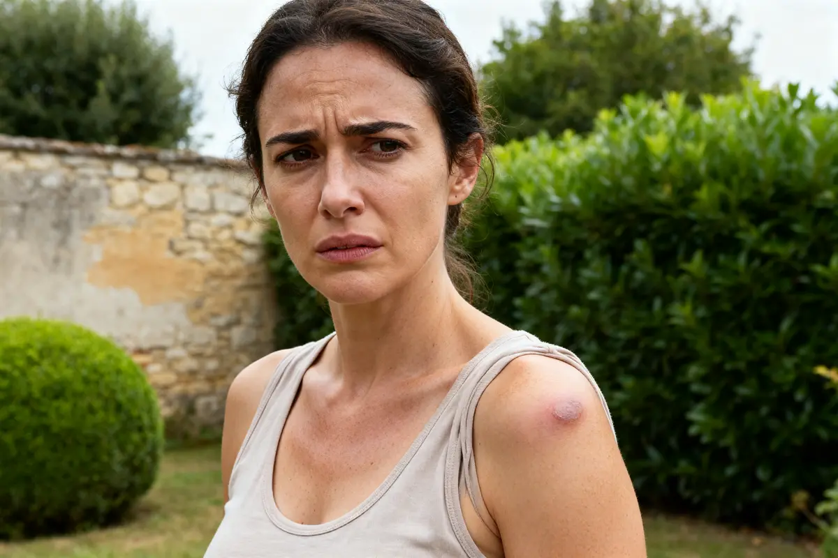 Femme inquiète en débardeur montrant un gonflement lié au stress et ganglions sous l'aisselle
