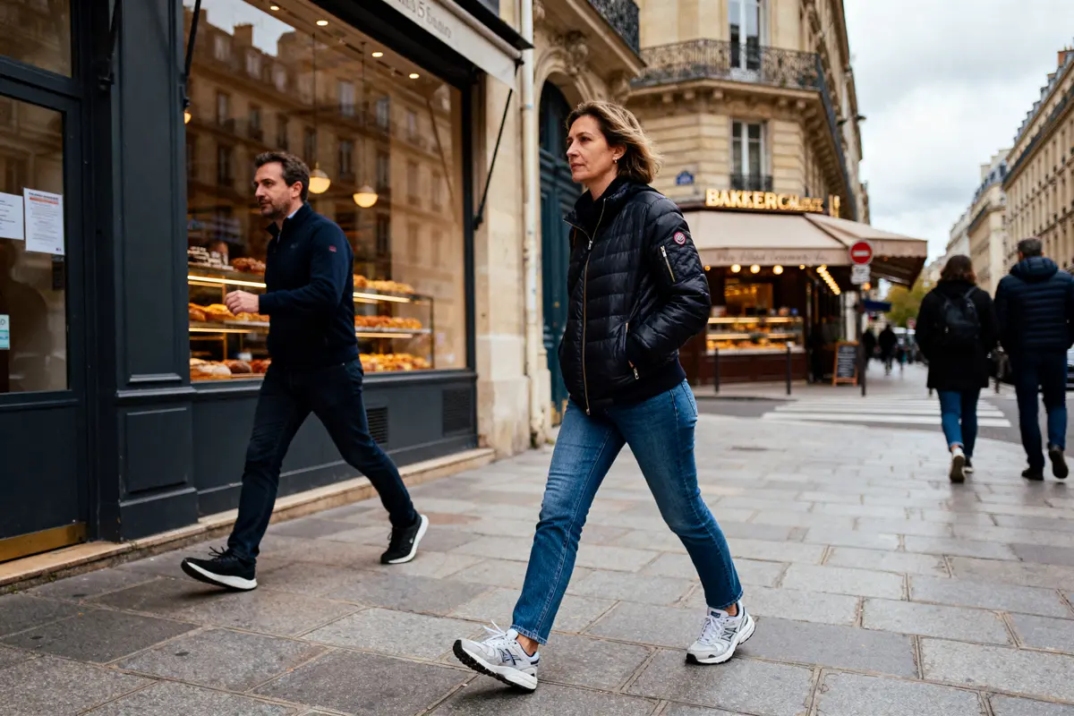 Passants marchant devant une boulangerie illustrant la vitesse moyenne de marche en ville