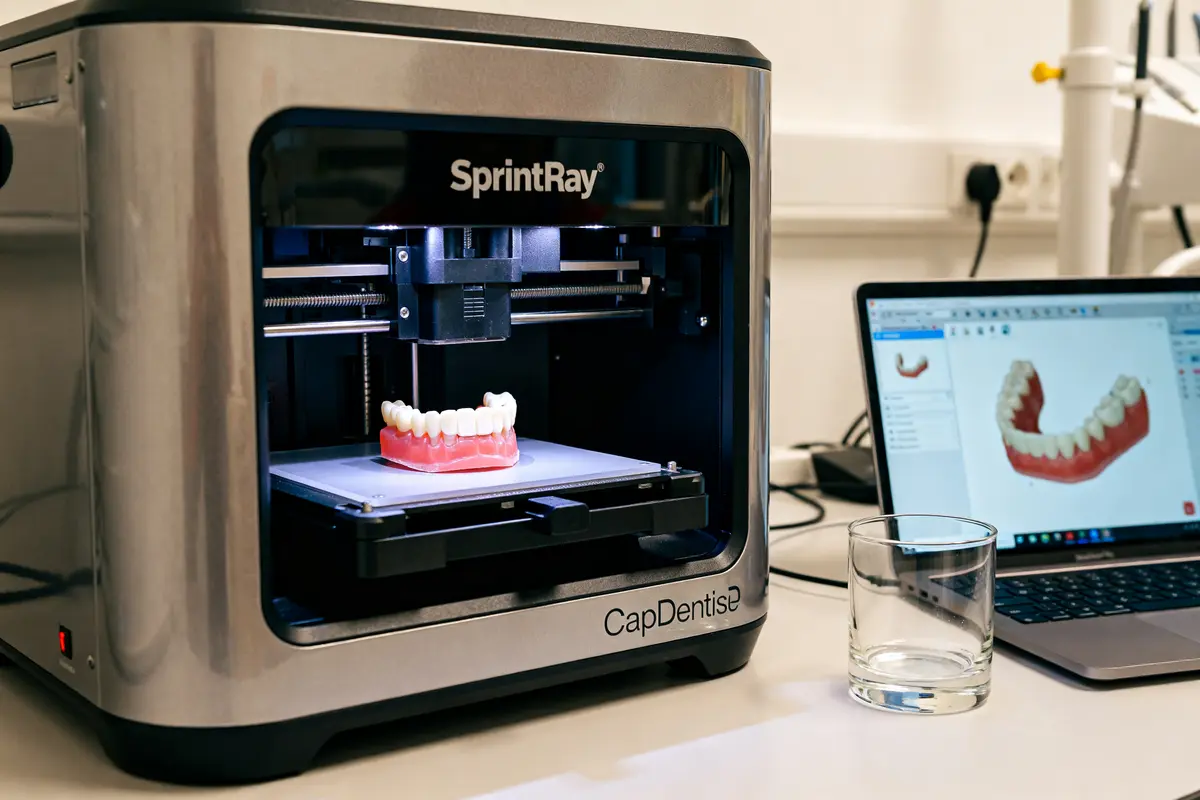 Imprimante 3D SprintRay CapDentaire créant un modèle dentaire à côté d'un ordinateur portable