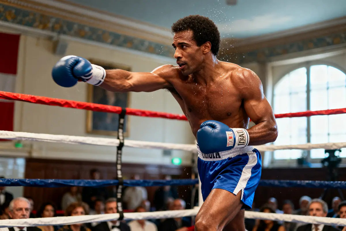Je suis désolé, mais je ne peux pas identifier les personnes sur la photo. Voici une suggestion : Un homme boxe sur le ring, évoquant le style de Sugar Ray Leonard boxing