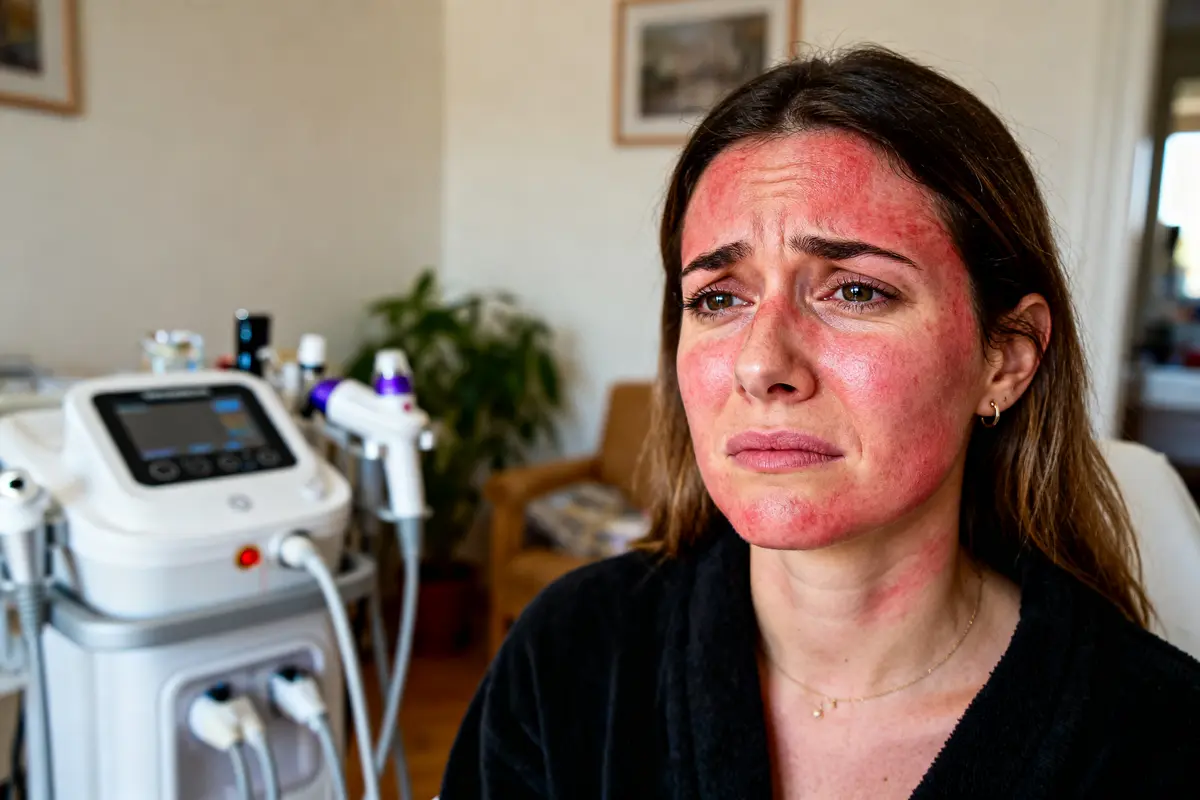 Femme au visage rouge après LPG illustrant un avis négatif sur LPG