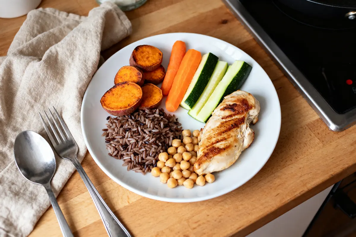 Assiette équilibrée pour carb cycling avec poulet, légumes, riz, pois chiches et patates douces