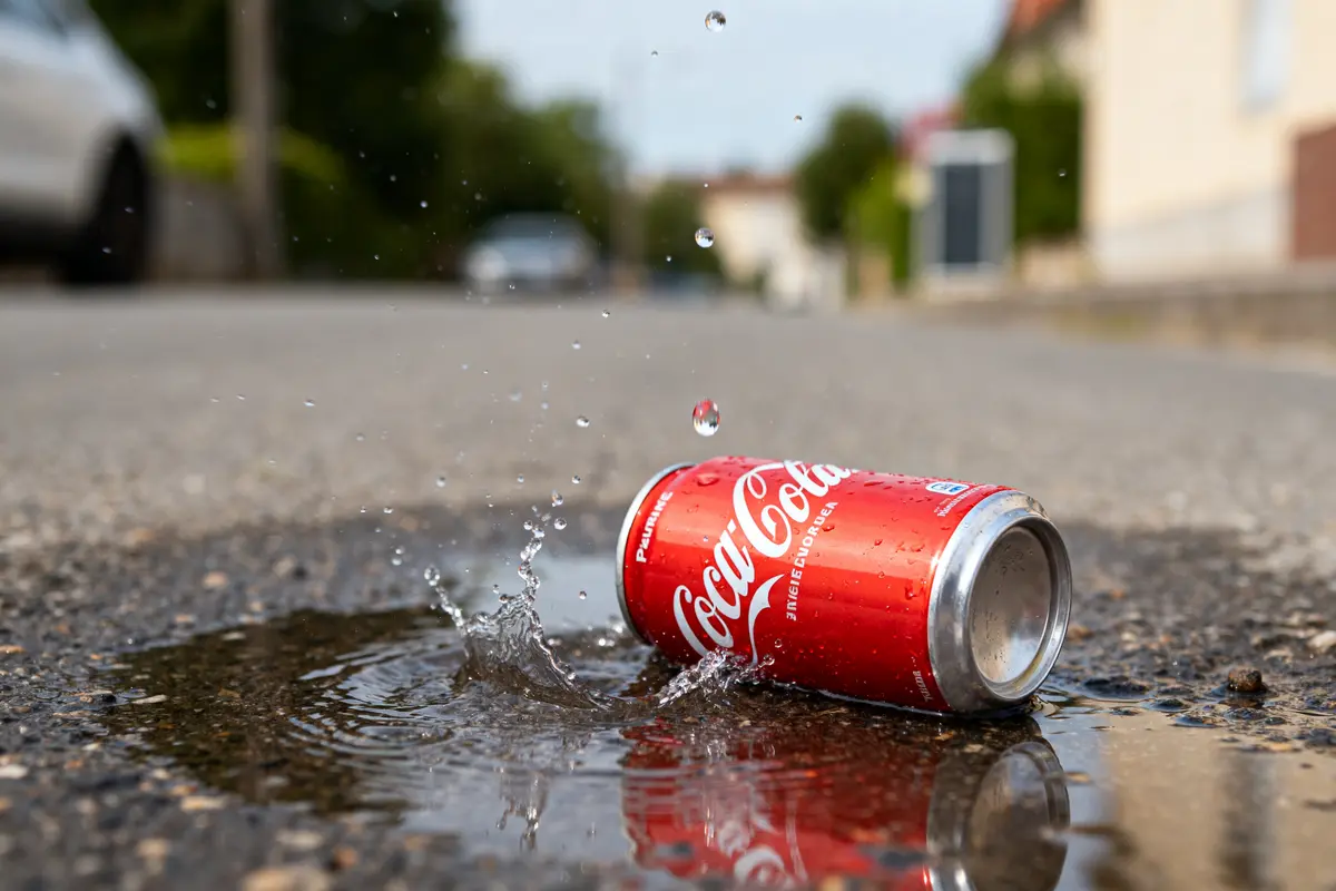 Canette Coca-Cola renversée sur la route, symbolisant la crise de goutte.