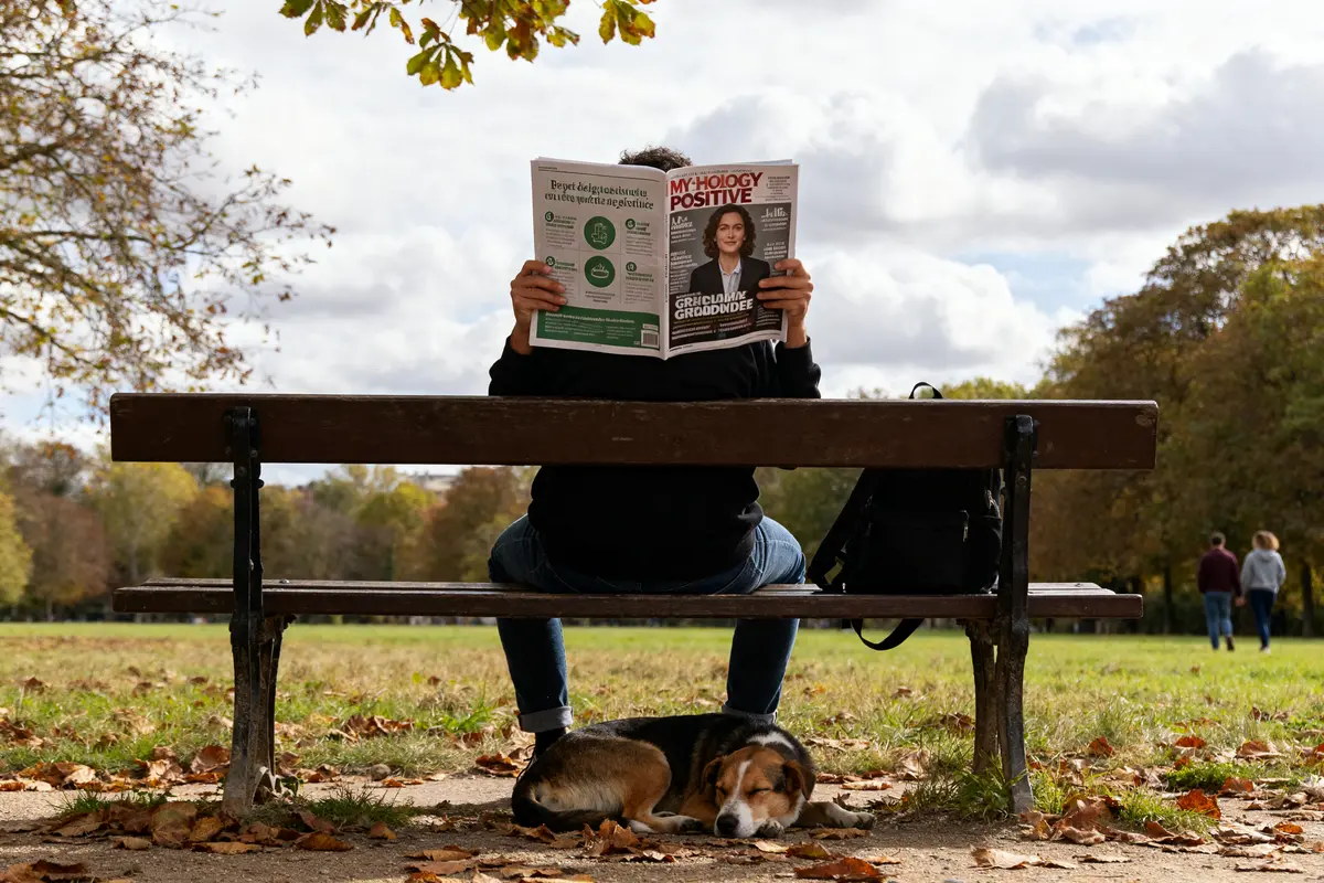 Personne lisant un magazine psychologie positive sur un banc avec un chien endormi dessous