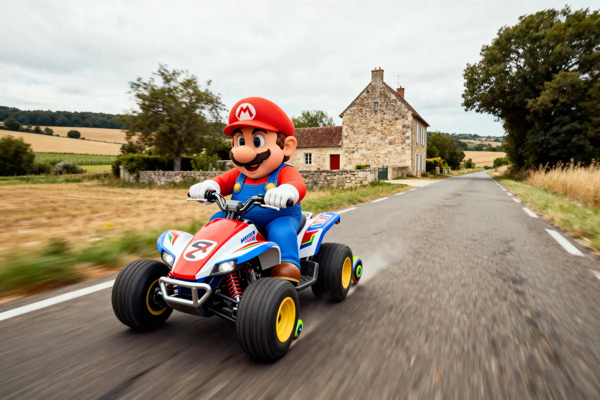 Personnage en quad sur route de campagne illustrant la meilleure combinaison à Mario Kart 8