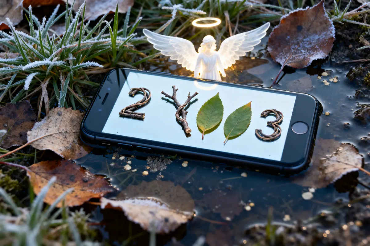 Un ange illumine un téléphone affichant le nombre 23, signification de 23h23 mystique