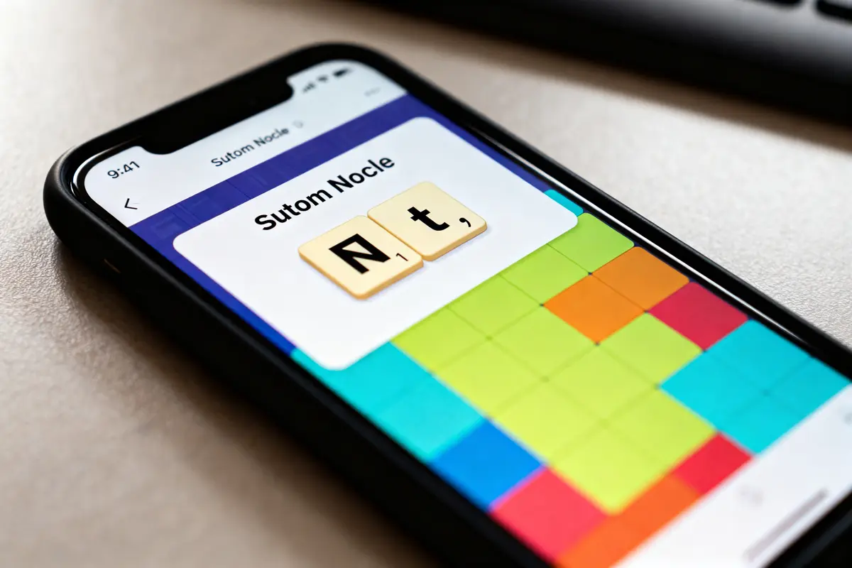 Écran de smartphone affichant le jeu de mots "sutom nocle" avec lettres sur grille colorée