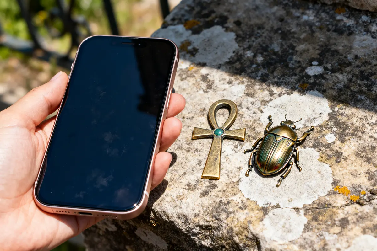 Main tenant un téléphone à côté d'un symbole égyptien Ankh et d'un scarabée sacré