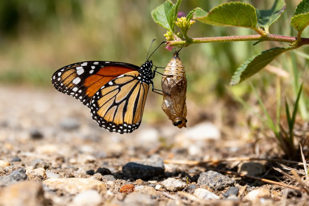 Papillon monarque émergeant d'une chrysalide symbolisant la transformation dans la symbolique des papillons